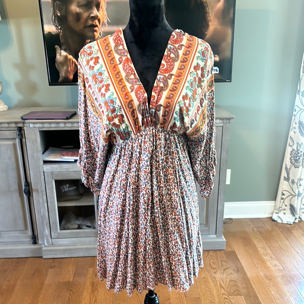Bohemian Floral Dress with Orange and Red Accents